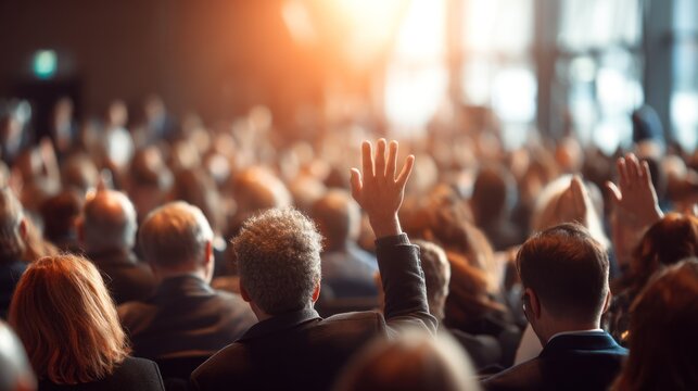 A crowd of people raising their hands in a conference or seminar setting.