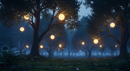 Obraz premium Enchanted Forest: Trees adorned with glowing orbs creating a whimsical atmosphere