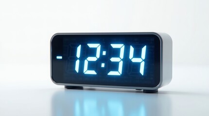 A beautiful, hyper-realistic, isolated digital clock, clearly revealing its vividly illuminated LCD display with sharp, high-contrast numerals, singularly isolated on a bright white setting.