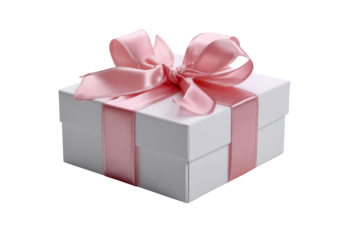 White gift box with pink ribbon bow elegant present surprise, isolated on a transparent background