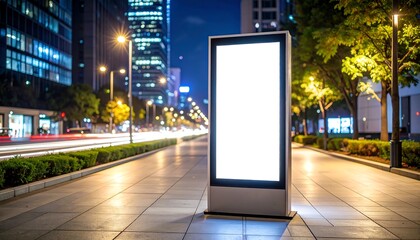 Illuminated blank billboard on a city street at night (2)
