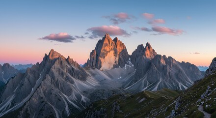 Golden sunlight illuminates the rugged peaks of a mountain range against a pastel sky at dusk.