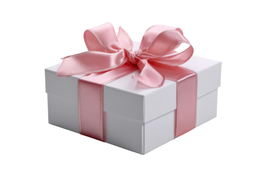 White gift box with pink ribbon bow elegant present surprise, isolated on a transparent background - Powered by Adobe