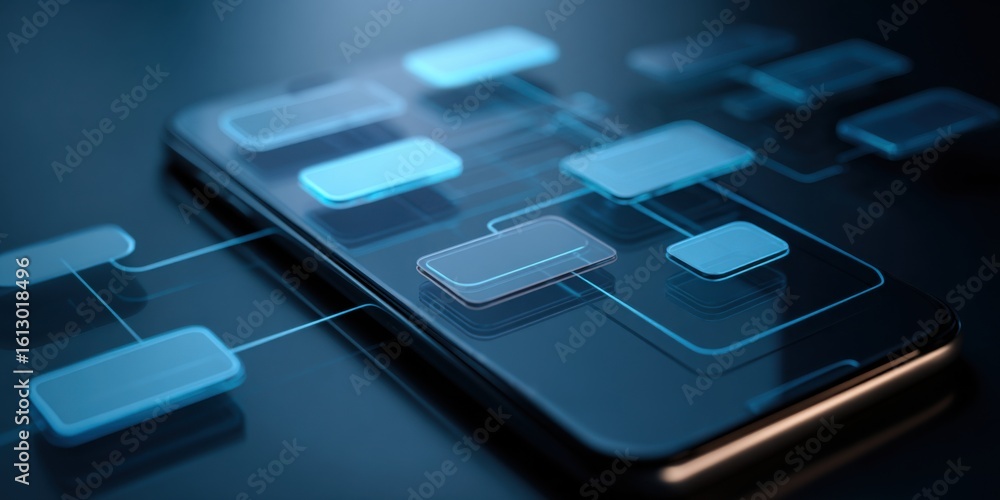 Poster digital interface overlays on a smartphone screen showcasing interactive design elements in a modern