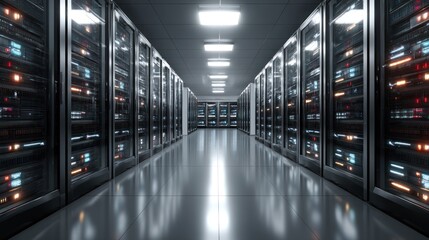 Fototapeta premium A long, narrow hallway with server racks and lights in a data center.