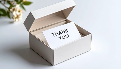 Elegant Thank You Note Inside a Textured White Gift Box with Floral Accent