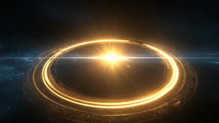 Intense golden flare effect with sci-fi light rings and radiant energy pulse centered on dark futuristic scene - Powered by Adobe