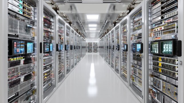A long, narrow hallway with rows of computer servers and racks, illuminated by overhead lights.