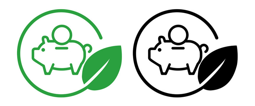 icon symbolizing environmental savings cost efficiency financial benefits sustainable practices piggy bank with a coin on top within a circular frame paired with green leaf