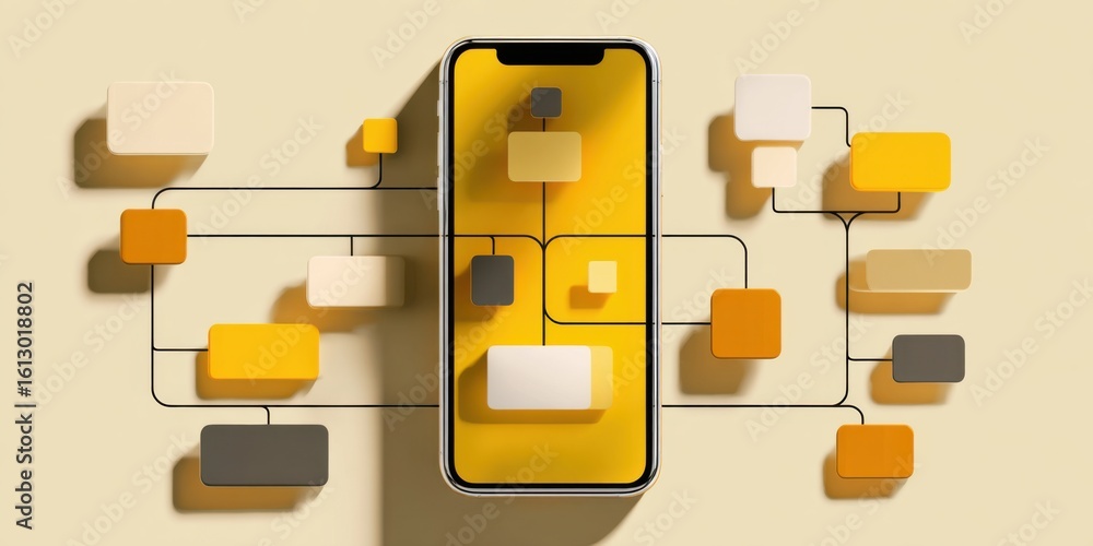 Poster visual representation of mobile technology connecting to various digital elements on a yellow backgr