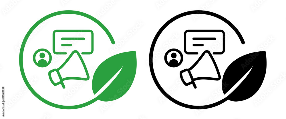 Poster icon megaphone and person with message bubble within circular frame paired with green leaf symbolizi