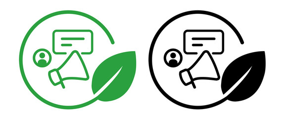 icon megaphone and person with message bubble within circular frame paired with green leaf symbolizing eco-marketing green communication promotion sustainable product green issue campaign