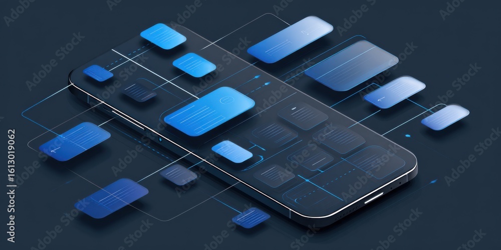 Poster digital interfaces and applications displayed on a modern smartphone in a tech-focused environment