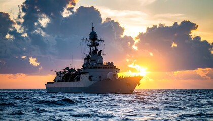 Naval Ship Silhouette Sailing into Dramatic Sunset with Ocean View with Dramatic Skies.