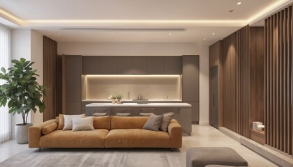 Gray floor, white countertop, single plant, blue vase, white bowl in modern living room. Beige couch, gray armchair, wooden wall, window, natural light, recessed lights create cozy inviting
