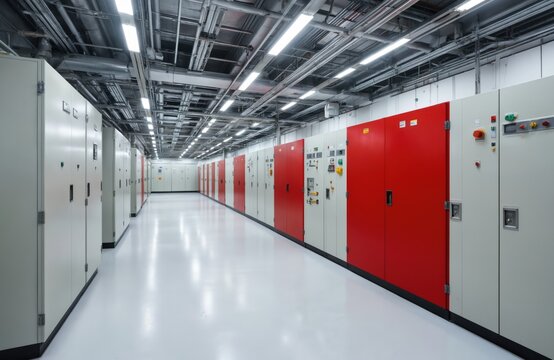 Noisy factory scene with rows of red electrical panel machines on white walls. Machines neatly organized, numbered from 1 to 20, indicating efficient assembly line. Perspective from ground looking