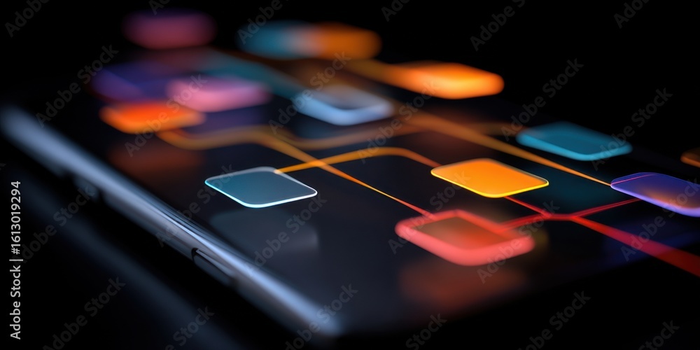 Poster colorful smartphone interface showcasing app icons and vibrant connections in a dark setting