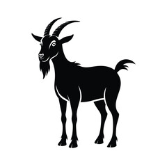 Black silhouette of a standing goat with distinct beard and prominent horns