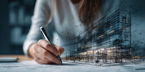 Architectural design process showcasing a hand sketching a modern building concept with digital overlays