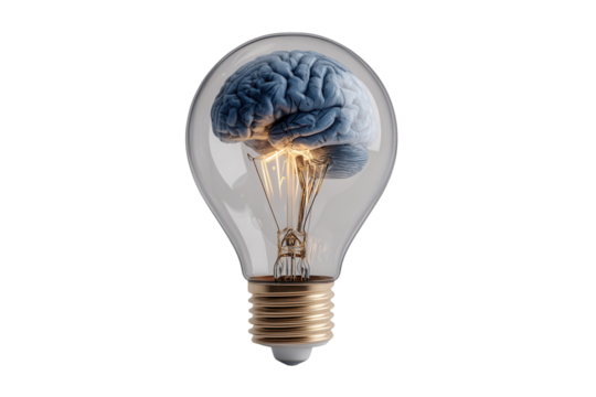 Brain inside lightbulb idea innovation intelligence mind power,, isolated on a transparent background