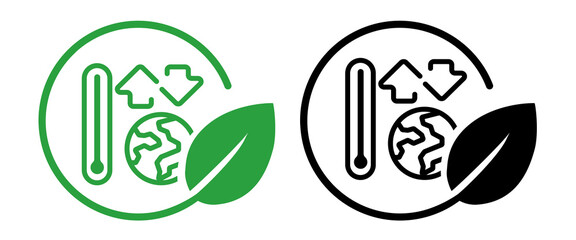 eco-friendly icon featuring thermometer globe and arrows alongside a green leaf symbolizing environmental awareness climate control and sustainability