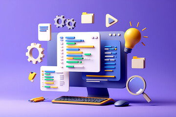 Creative 3D illustration of coding interface and development tools on desktop with vibrant background
