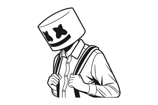 Stylized silhouette of a person wearing a marshmallow mask and suspenders isolated on white background