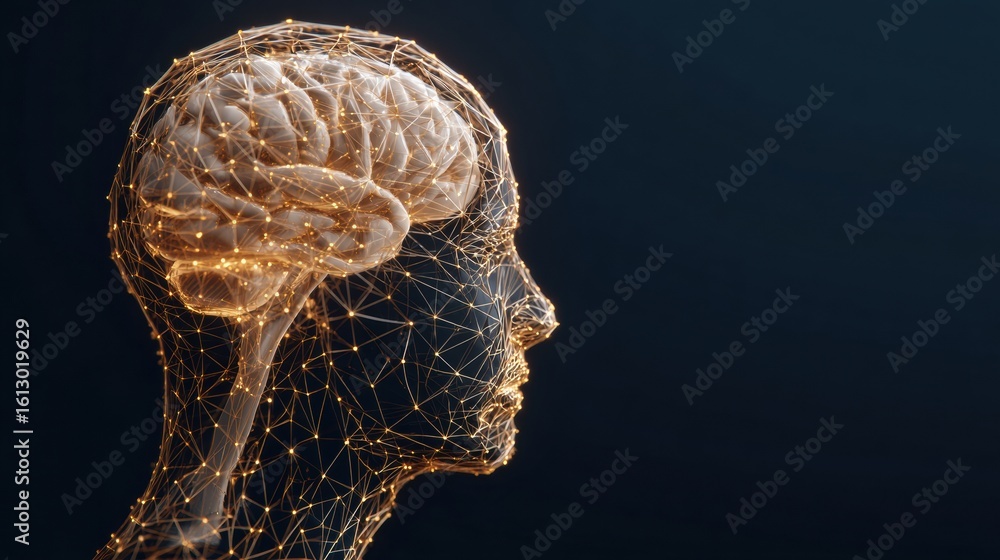 Poster exploring the connection between minimal wireframe head and highlighted brain region in a blank spac