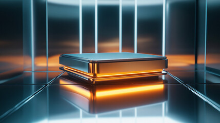Futuristic Book in Glass Display Case. A sleek, illuminated book presented in a modern glass display for tech or innovation branding.