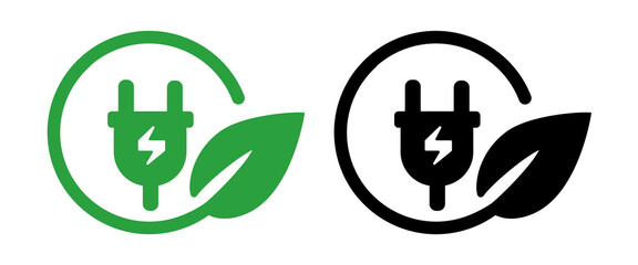 Icon electrical plug with a lightning bolt within a circular frame green leaf symbolizing eco friendly renewable energy green power and sustainable electricity