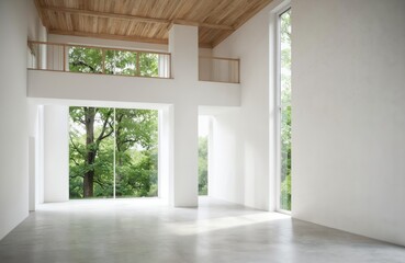 Fototapeta premium Modern minimalist interior features large windows overlooking rich green trees. Natural light floods spacious room with white walls, polished concrete floors, warm wood ceiling. Offers serene, airy