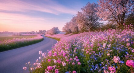 Obraz premium Enchanting Blossom Path: A Scenic Spring Landscape with Blooming Flowers