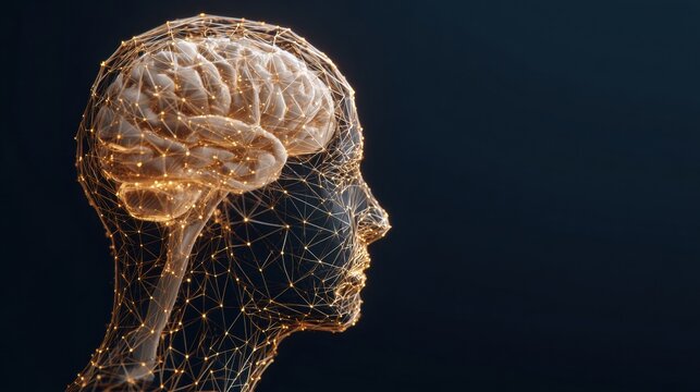 Exploring the Connection Between Minimal Wireframe Head and Highlighted Brain Region in a Blank Space