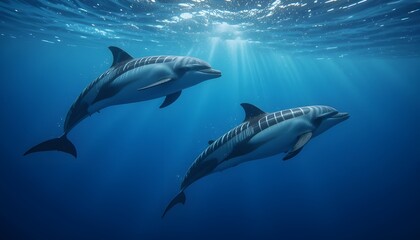 Fototapeta premium Striped Dolphins Leaping in Deep Blue Ocean – Wildlife Marine Photography Background