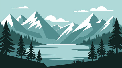 Fototapeta premium Majestic snow capped peaks reflected in tranquil lake surrounded by pine forest mountains water