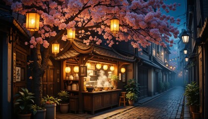Nighttime street food stall with cherry blossoms and lanterns