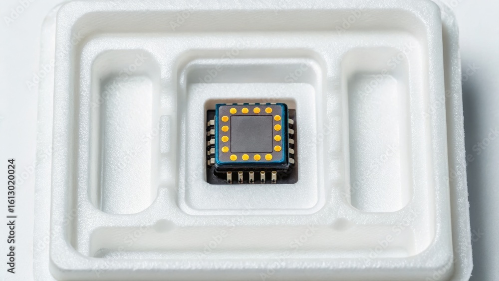 Poster a microchip placed in a protective foam casing, showcasing advanced technology and innovation in ele