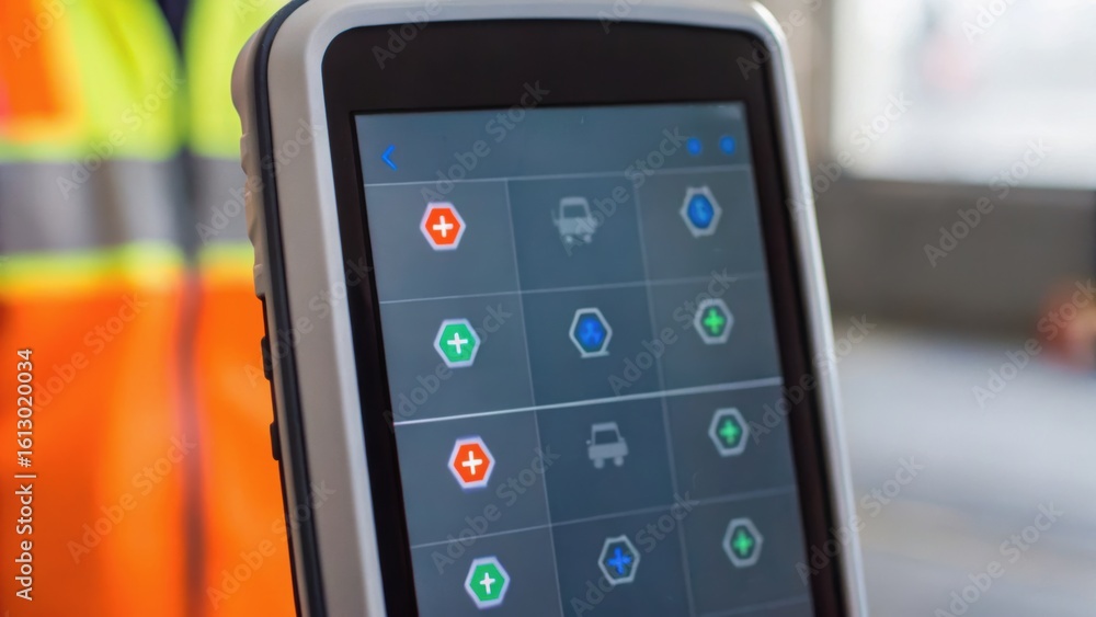 Poster a handheld device displaying various icons for equipment control or monitoring in an industrial sett
