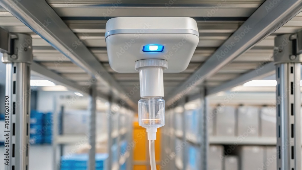 Poster ceiling-mounted device in a storage area with a transparent container and blue indicator light, show