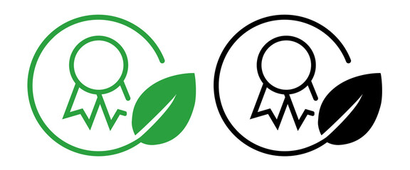 Icon reward ribbon or badge within a circular frame green leaf symbolizing eco friendly environmental achievement certification or recognition for sustainable practices