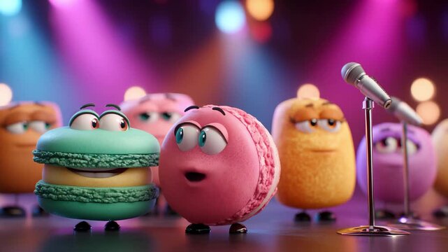 Animated macarons and characters of various desserts engage in a fun performance on stage under bright lights and cheerful atmosphere