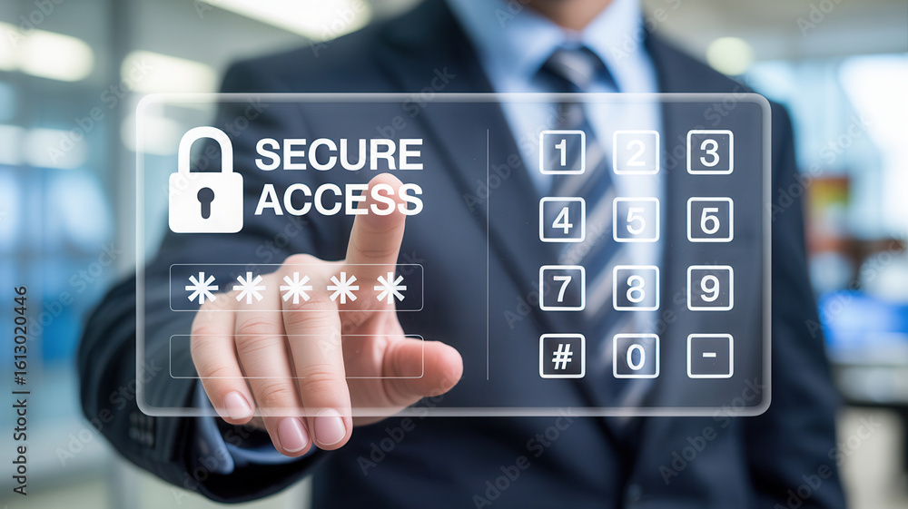 Poster businessman entering password for secure access to modern digital interface