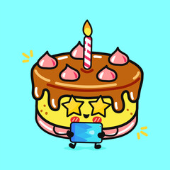 Cute cartoon birthday cake character with star sunglasses and a tablet, ready to celebrate.