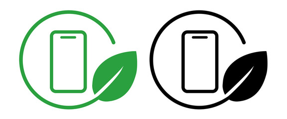 Icon smartphone phone within a circular frame green leaf symbolizing eco friendly sustainable technology eco-conscious communication and digital environmentalism