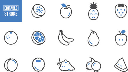 Fruit Vector Icons – Apple, Banana, Strawberry, Orange, Grape, Melon, Peach, Pineapple, Lemon, Cherry, Tropical, Healthy, Fresh, Organic, Vitamin, Sweet, Nature

