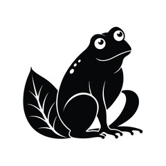 Charming black silhouette of a toad resting peacefully beneath a large green leaf on a clean white background
