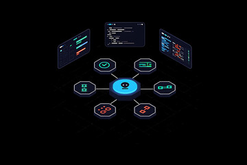 Dark UI dashboard with cybersecurity threat icons, malware analysis, and data breach detection interface