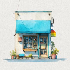 Watercolor illustration of a small shop facade