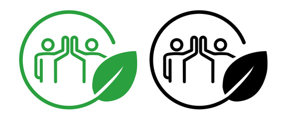 Icon two people giving a high five within a circular frame green leaf symbolizing symbolizing teamwork collaboration and shared success in environmental efforts eco friendly