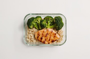 Top view of a healthy meal prep with grilled chicken breast, steamed broccoli, and fluffy quinoa in a clear glass container on a white background, perfect for fitness and diet concepts.